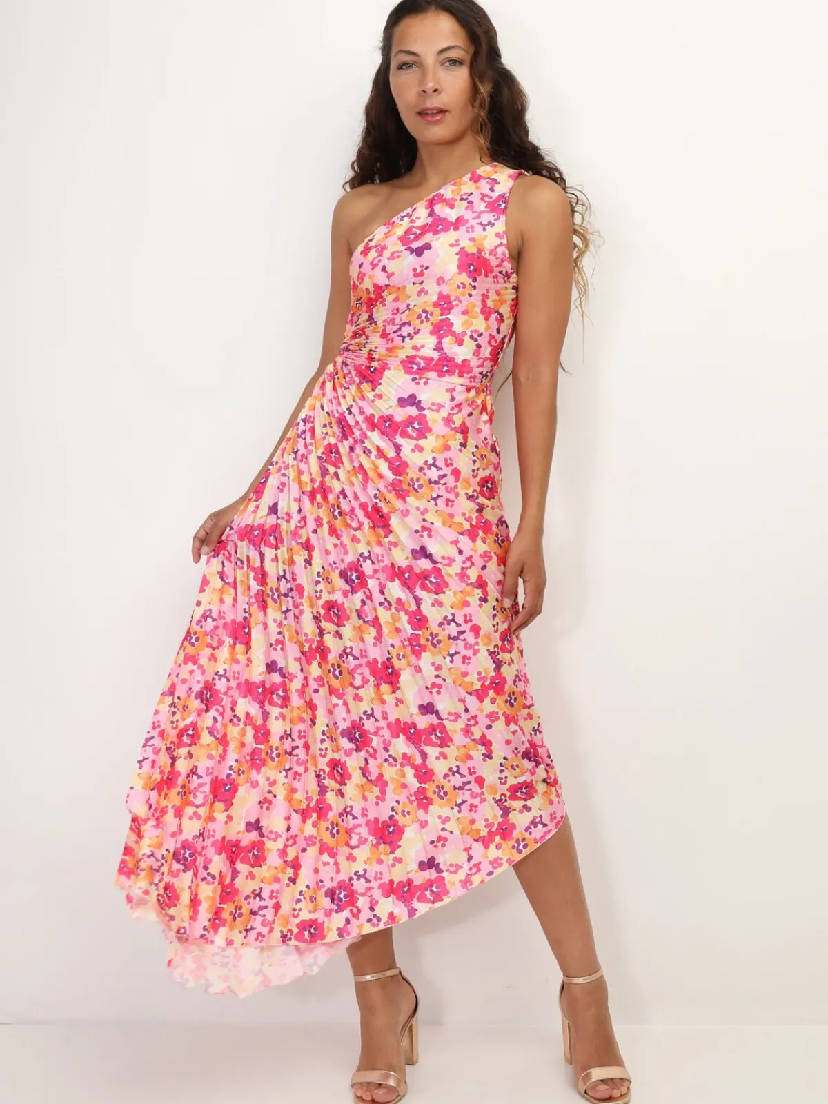 Best La Modeuse Robe plissée et asymétrique à fleurs Fuchsia