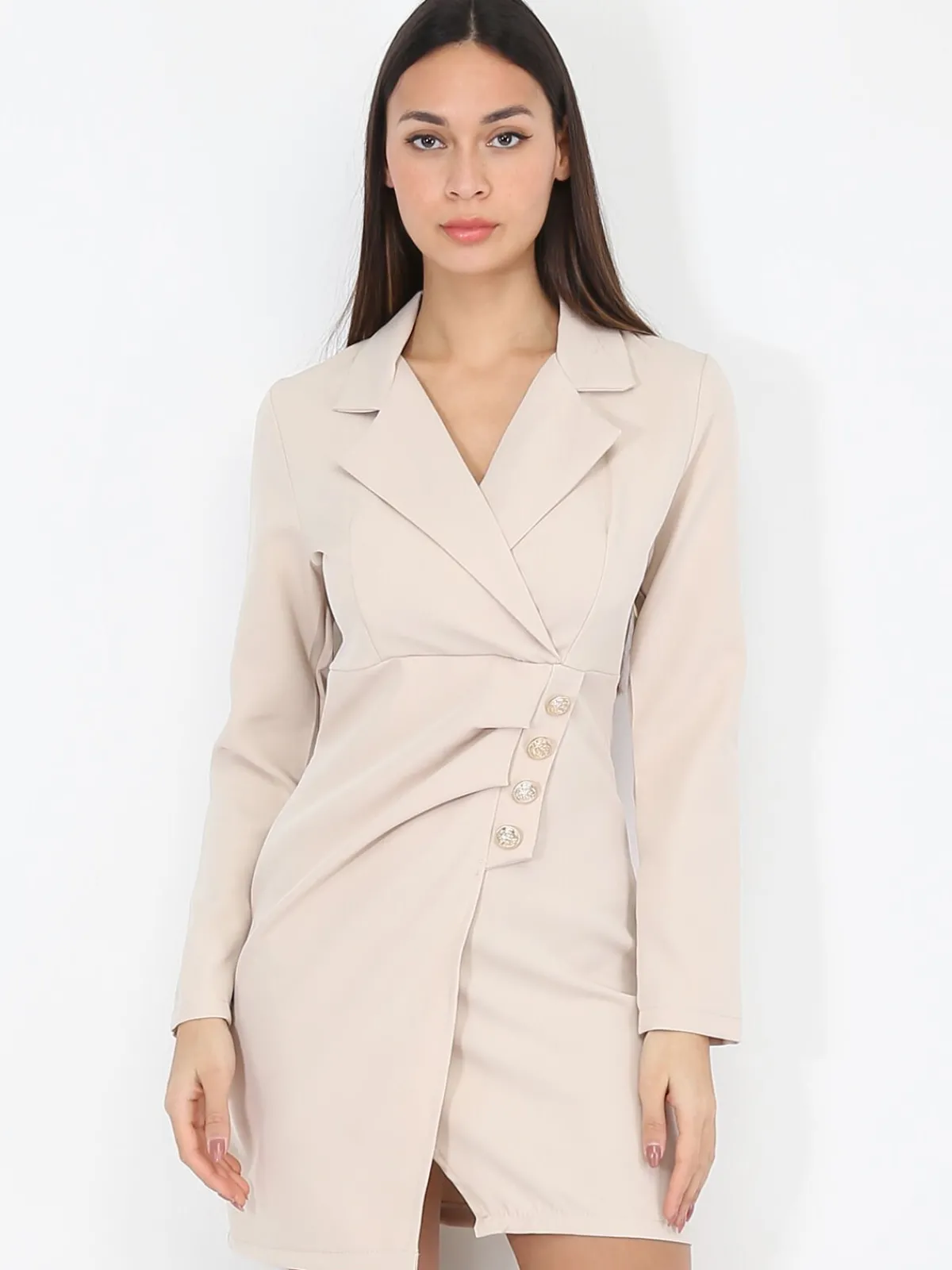 Hot La Modeuse Robe portefeuille à boutons officiers Beige