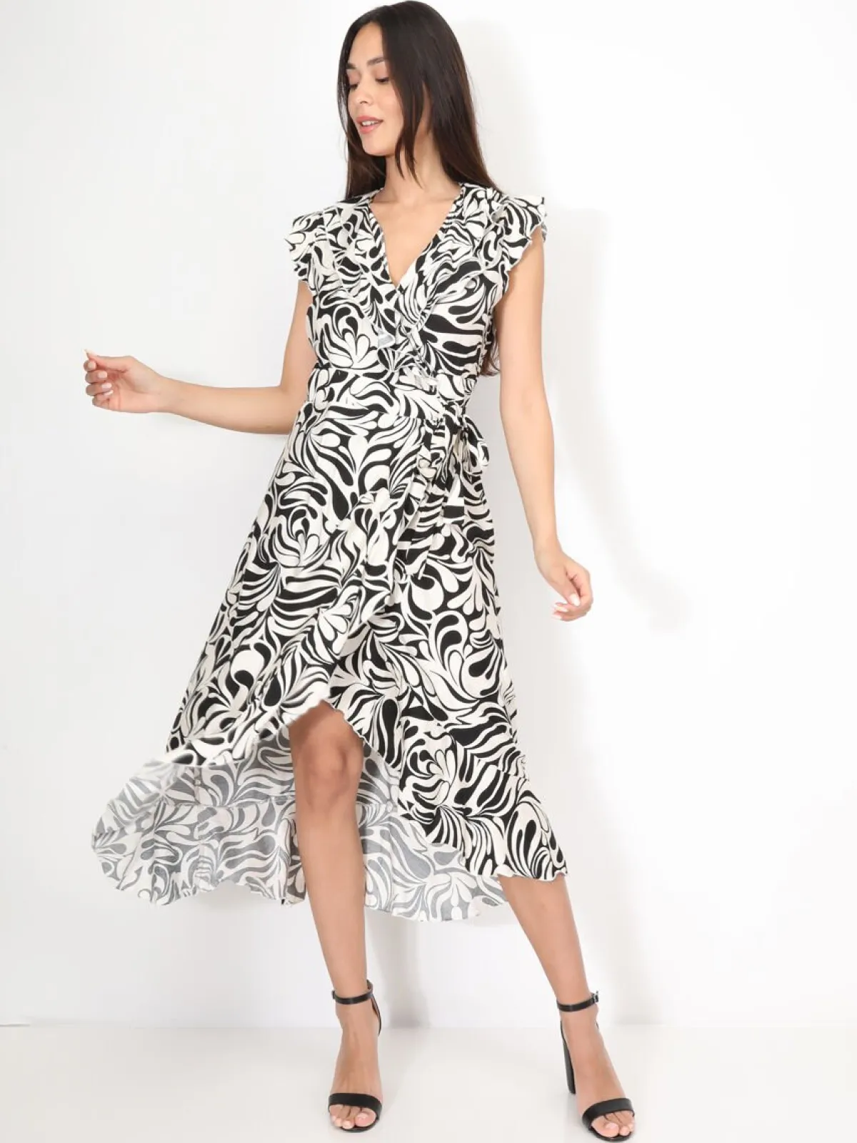 Online La Modeuse Robe portefeuille à imprimé et volants Noir