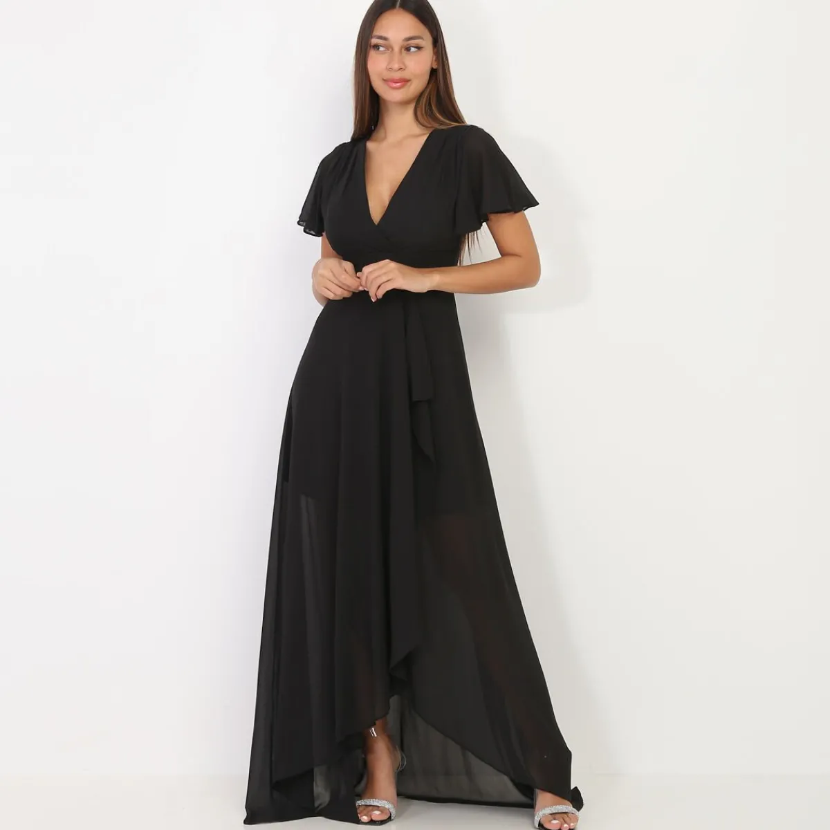 La Modeuse Robe portefeuille à manches papillons Noir