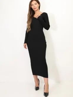 Sale La Modeuse Robe pull longue côtelée à col V Noir