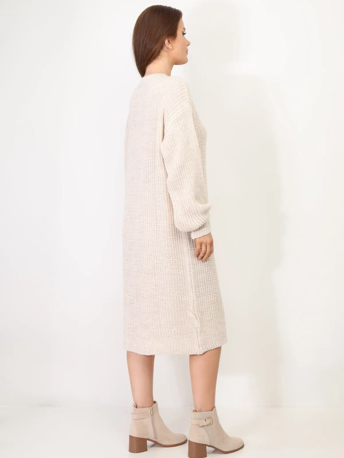 Sale La Modeuse Robe pull mi-longue à manches bouffantes Beige
