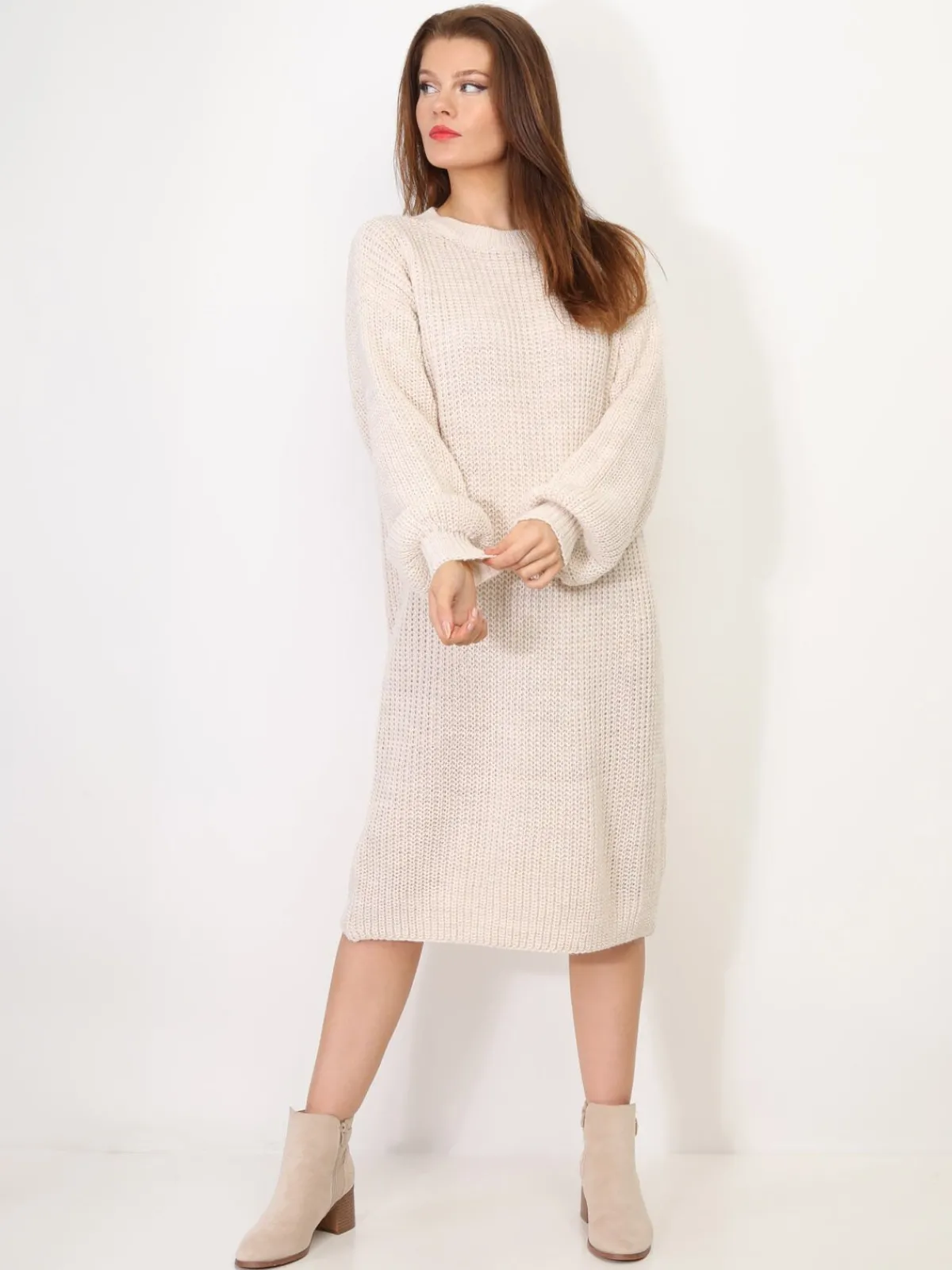 Sale La Modeuse Robe pull mi-longue à manches bouffantes Beige