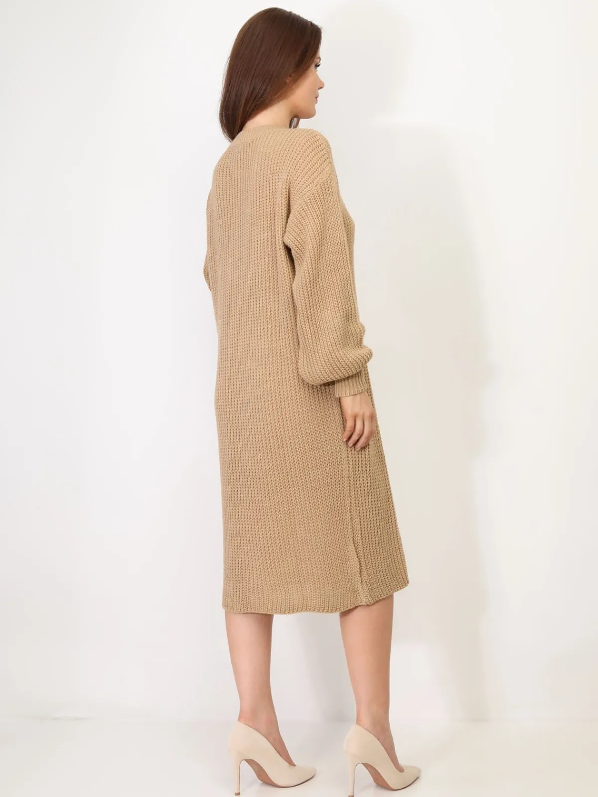 Sale La Modeuse Robe pull mi-longue à manches bouffantes Camel