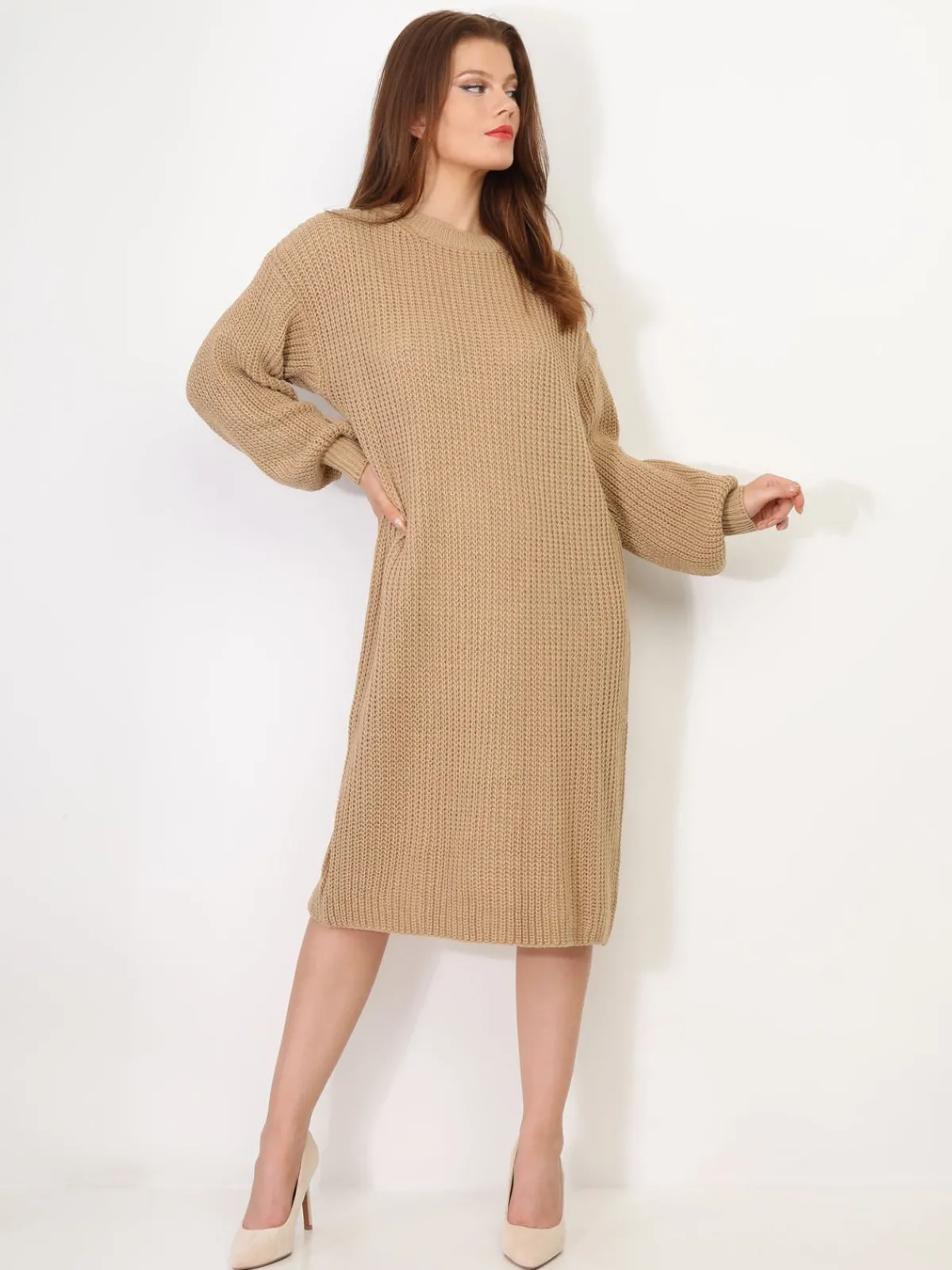 Sale La Modeuse Robe pull mi-longue à manches bouffantes Camel