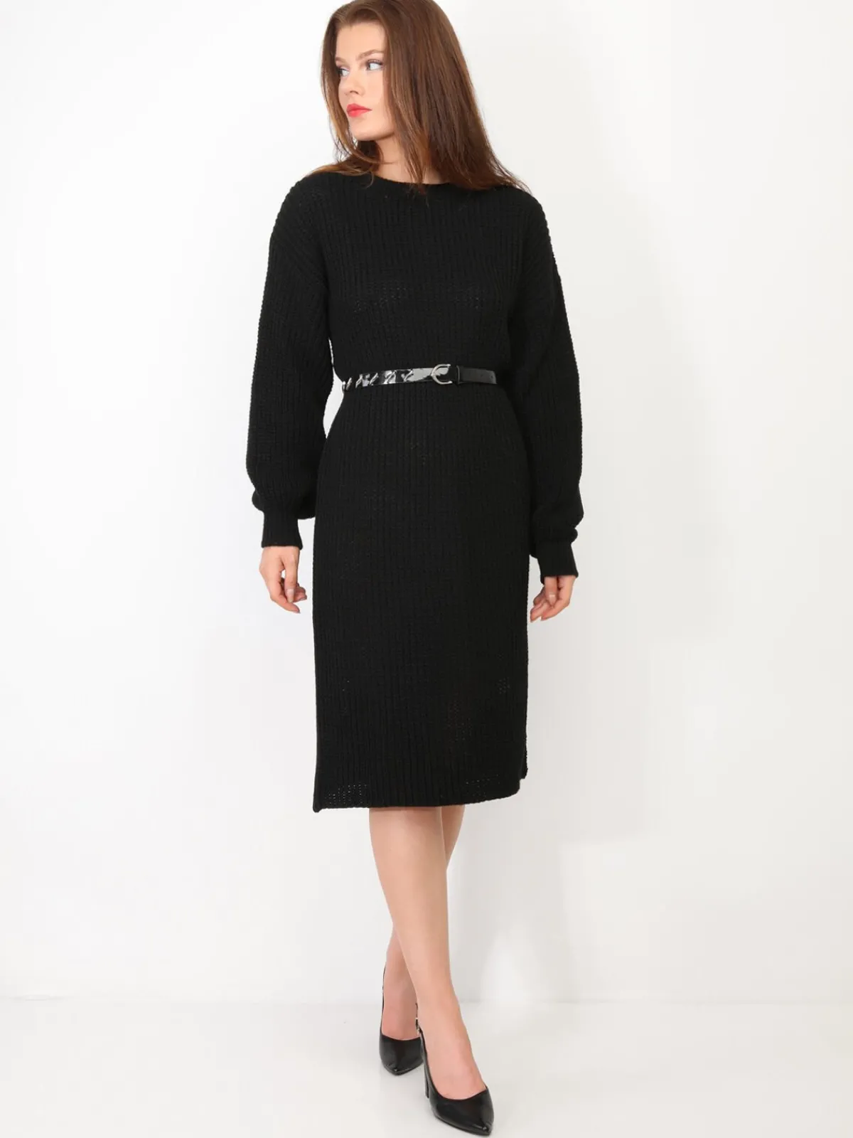 Outlet La Modeuse Robe pull mi-longue à manches bouffantes Noir