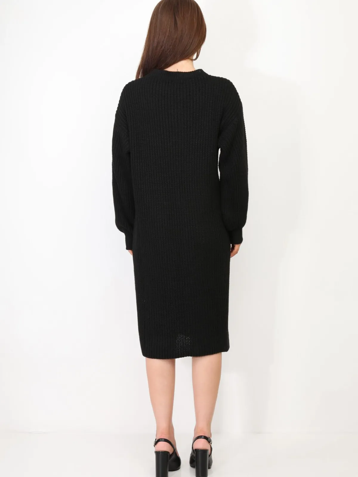 Outlet La Modeuse Robe pull mi-longue à manches bouffantes Noir