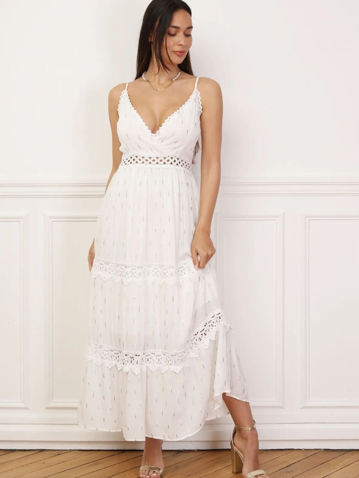 Online La Modeuse Robe évasée à crochet et éclats dorés Blanc