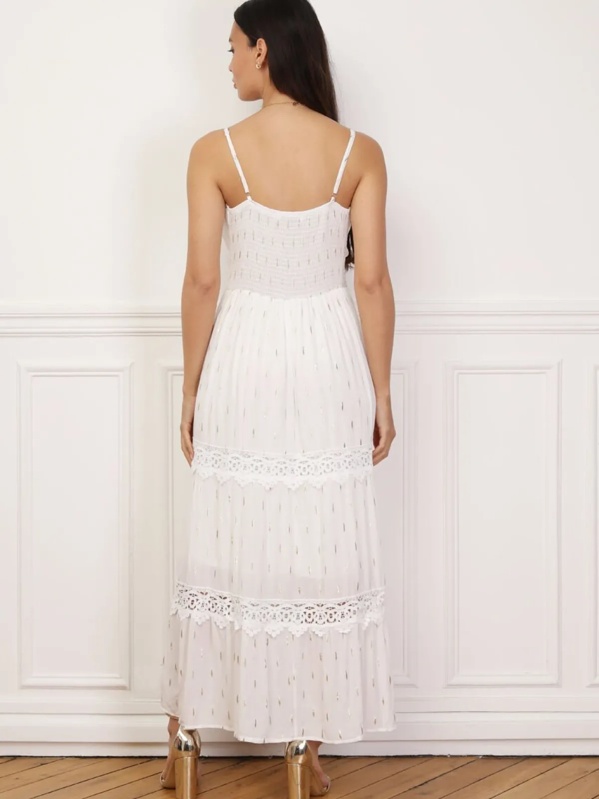 Online La Modeuse Robe évasée à crochet et éclats dorés Blanc