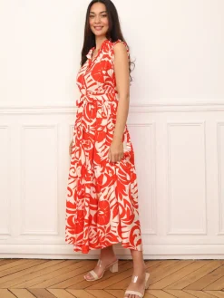 Discount La Modeuse Robe évasée à volants et ceinture Rouge