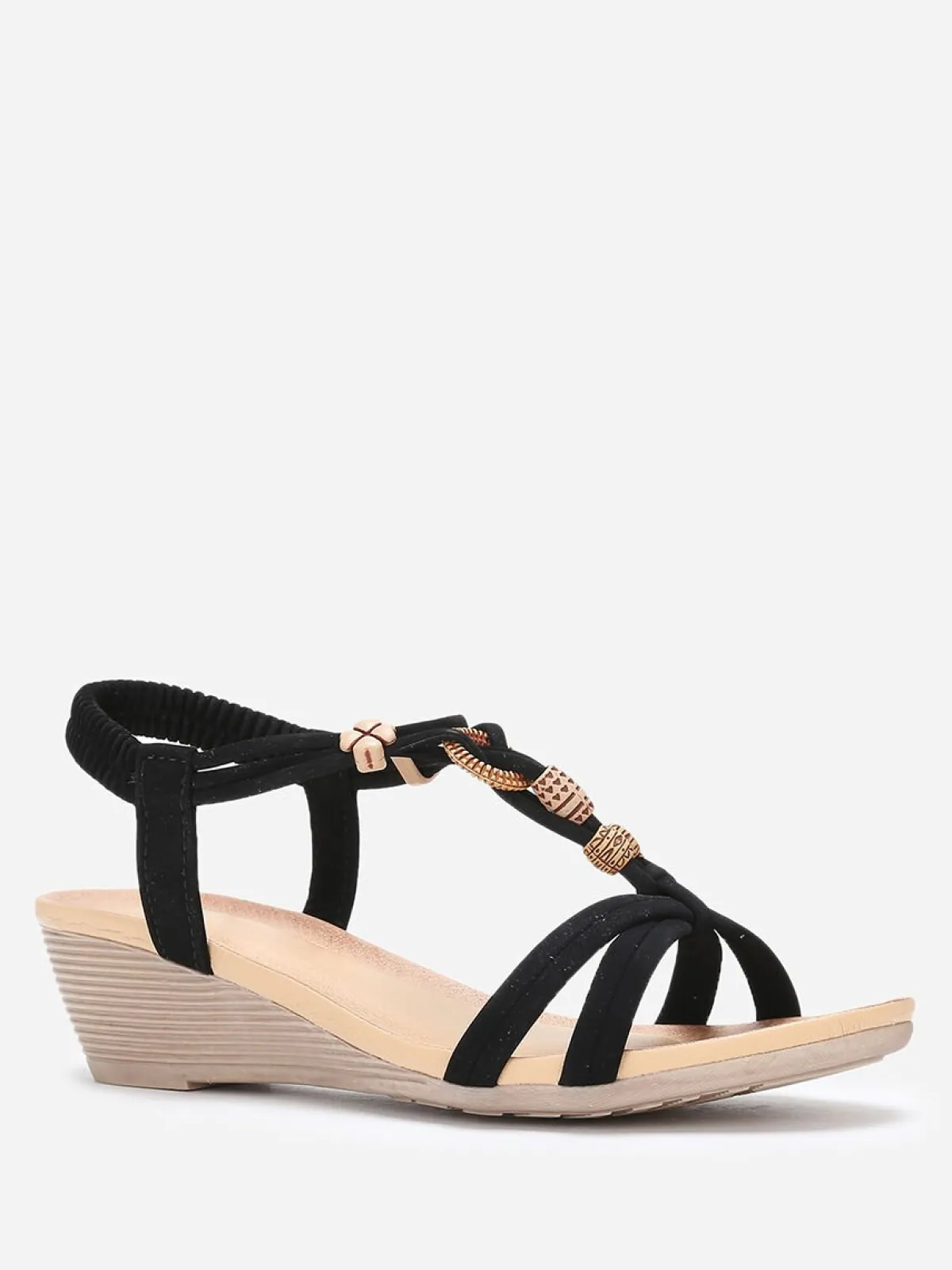 New La Modeuse Sandales compensées à perles ethniques Noir