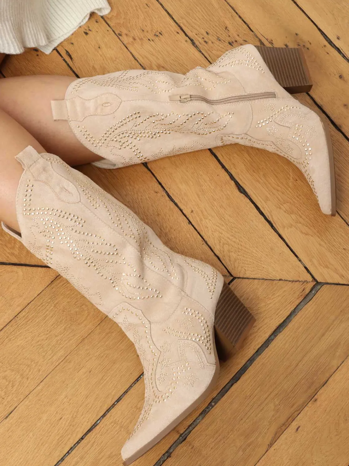 Online La Modeuse Santiags mi-hautes à strass Beige