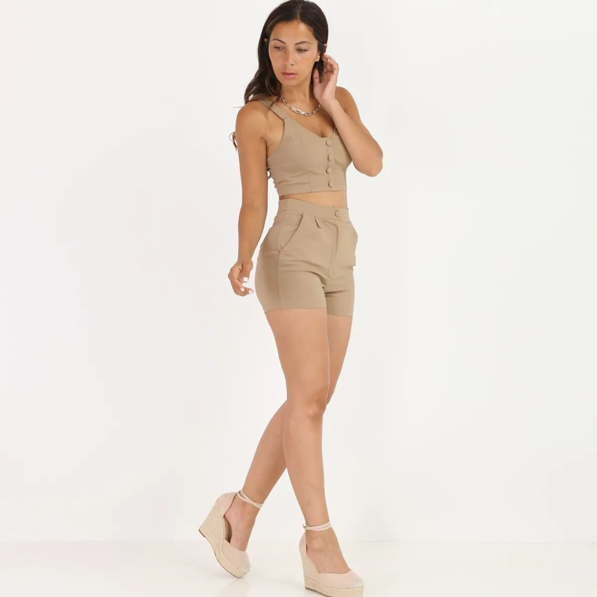 Outlet La Modeuse Short texturé style chambray Camel