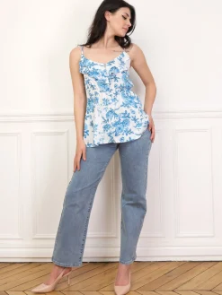 Best La Modeuse Top péplum fleuri à volants Bleu