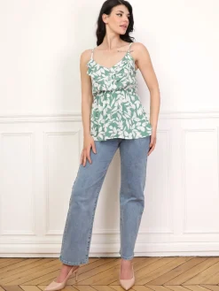 Sale La Modeuse Top péplum imprimé avec volants Vert