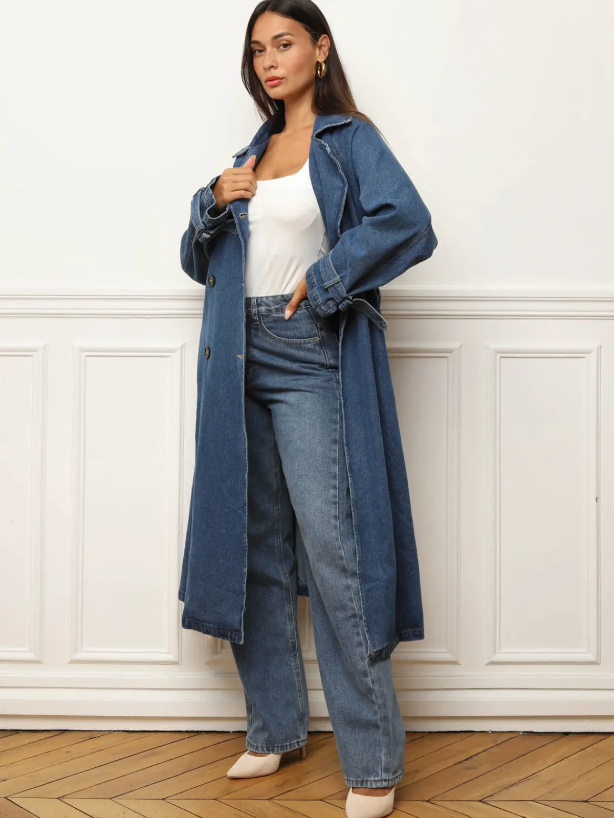 Outlet La Modeuse Trench long en denim avec ceinture Bleu