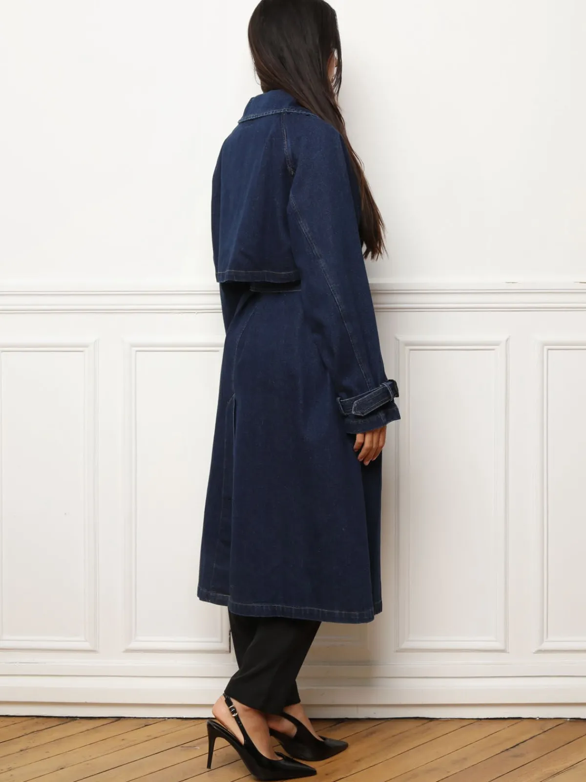 New La Modeuse Trench long en denim avec ceinture Bleufoncé