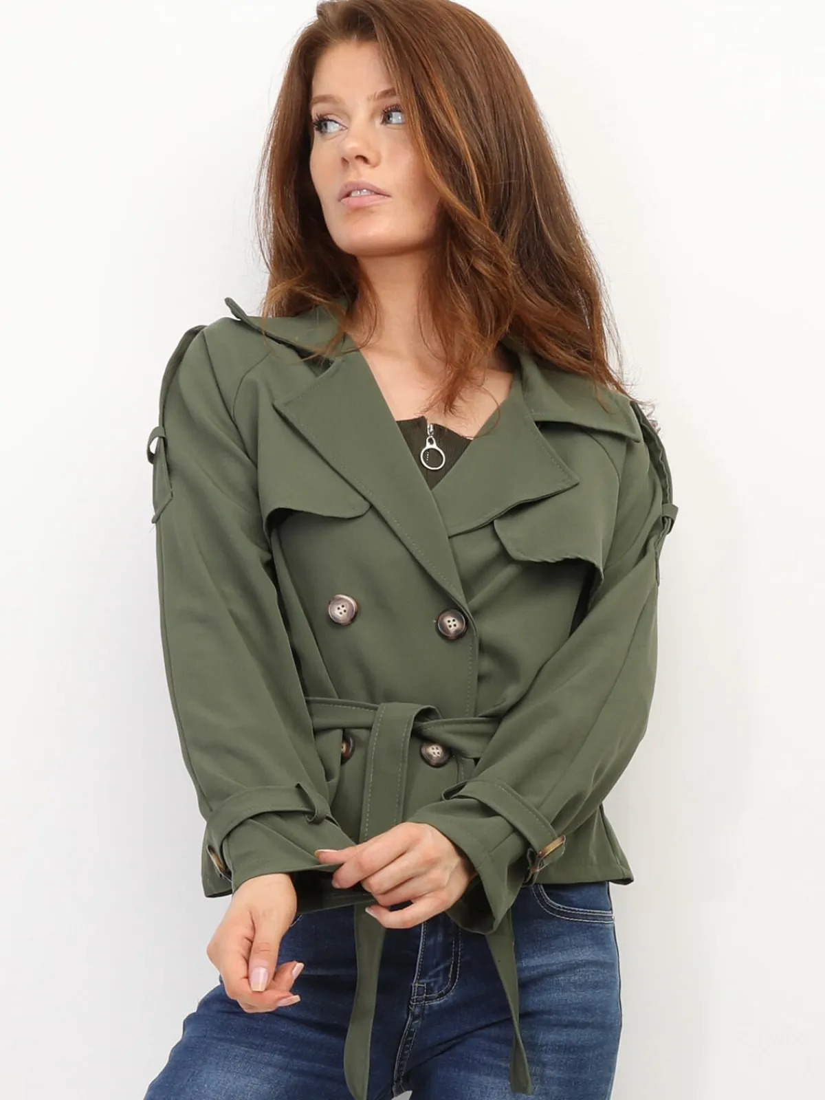 Sale La Modeuse Trench-coat court à ceinture Kaki
