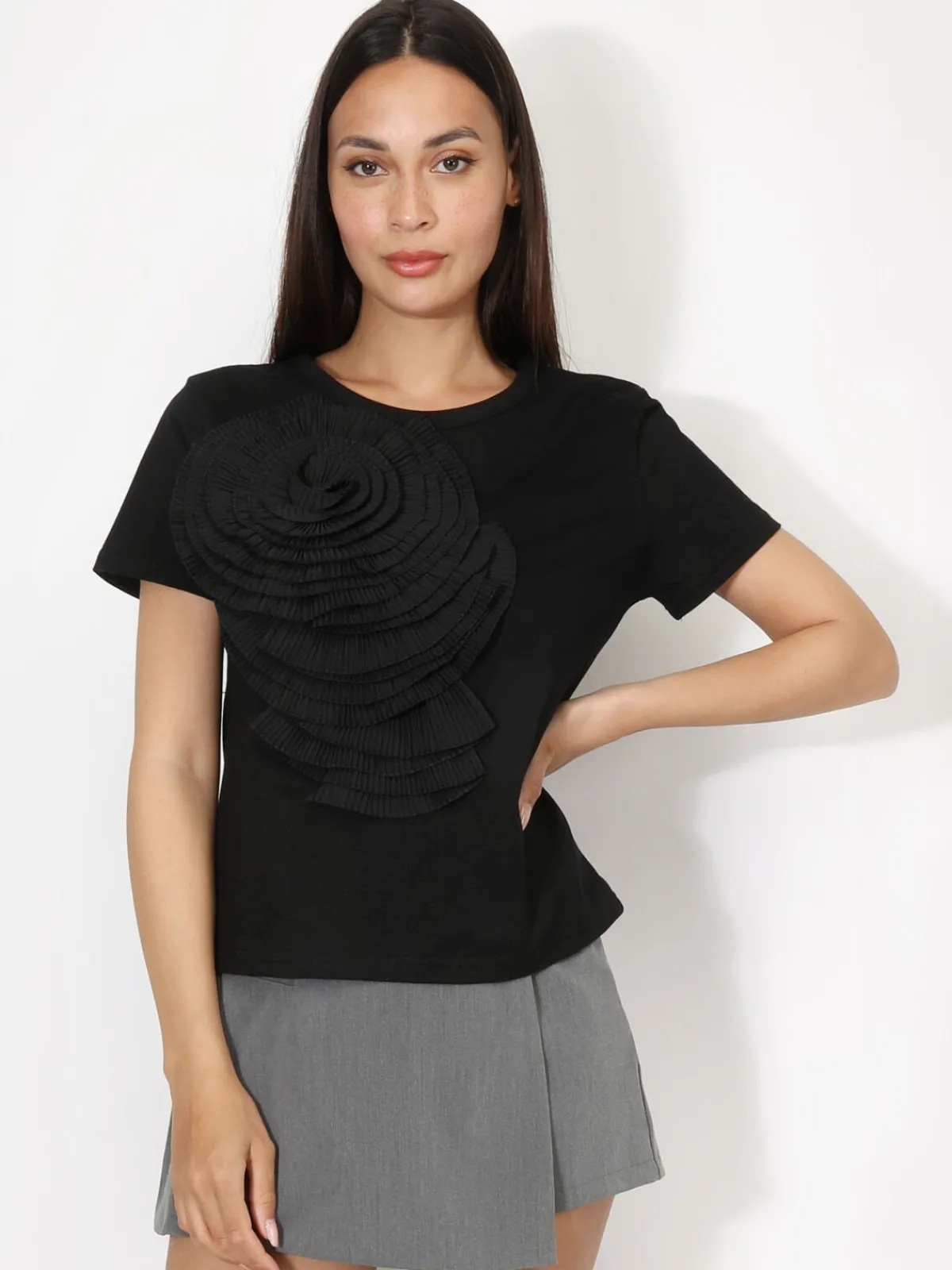 Sale La Modeuse T-shirt en coton à fleur plissée XXL Noir