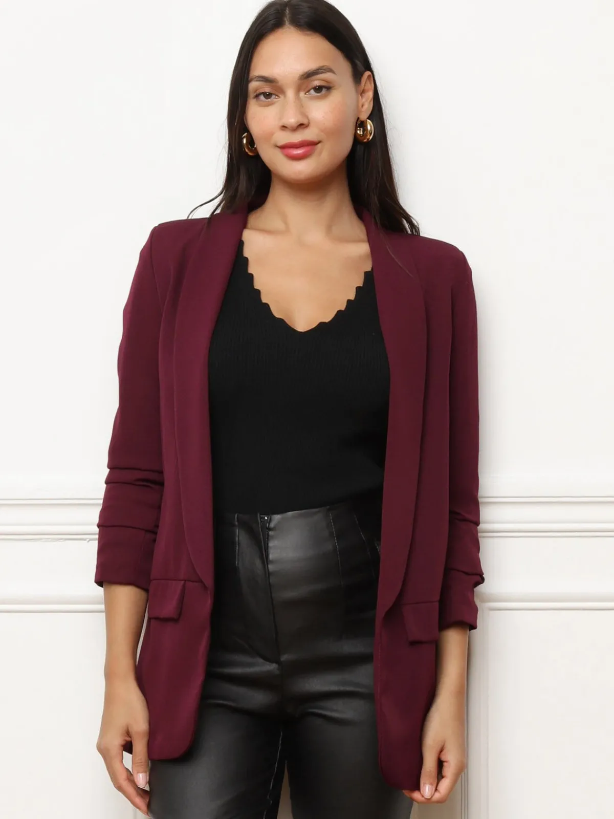 Discount La Modeuse Veste blazer à manches retroussées Bordeaux