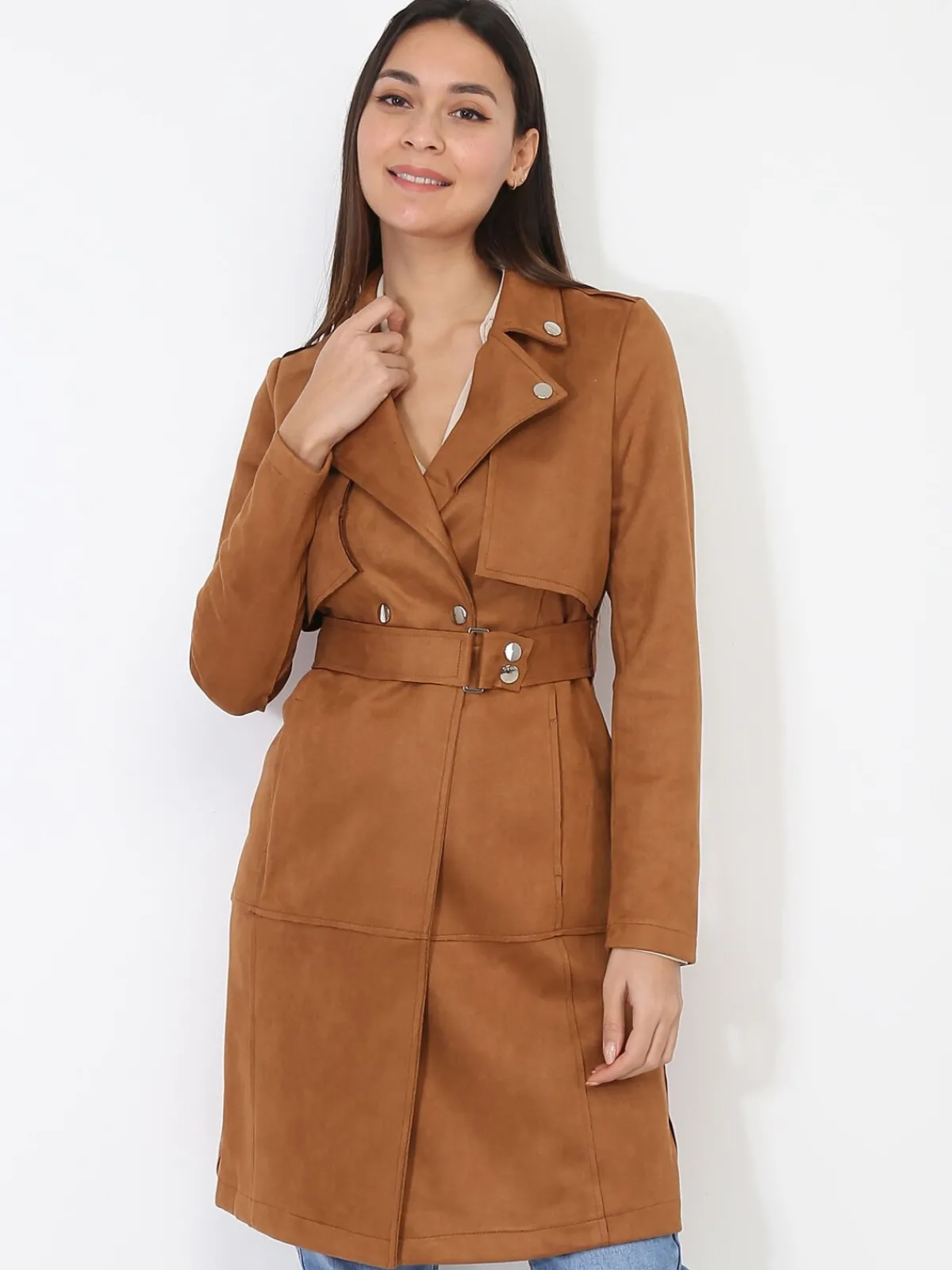 Sale La Modeuse Veste longue ceinturée en suédine Camelfoncé