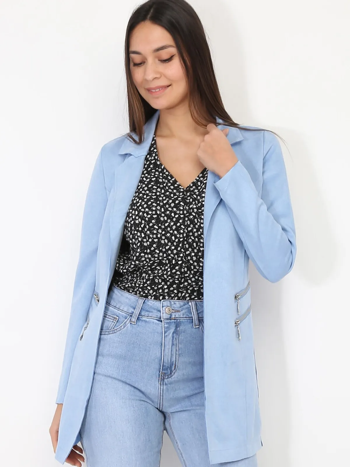 Sale La Modeuse Veste longue en suédine à zips BleuClair